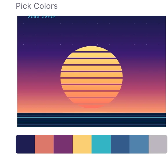 colorspicker.net Pick Colors panel showing an uploaded album cover and an automatically extracted palette of eight colors