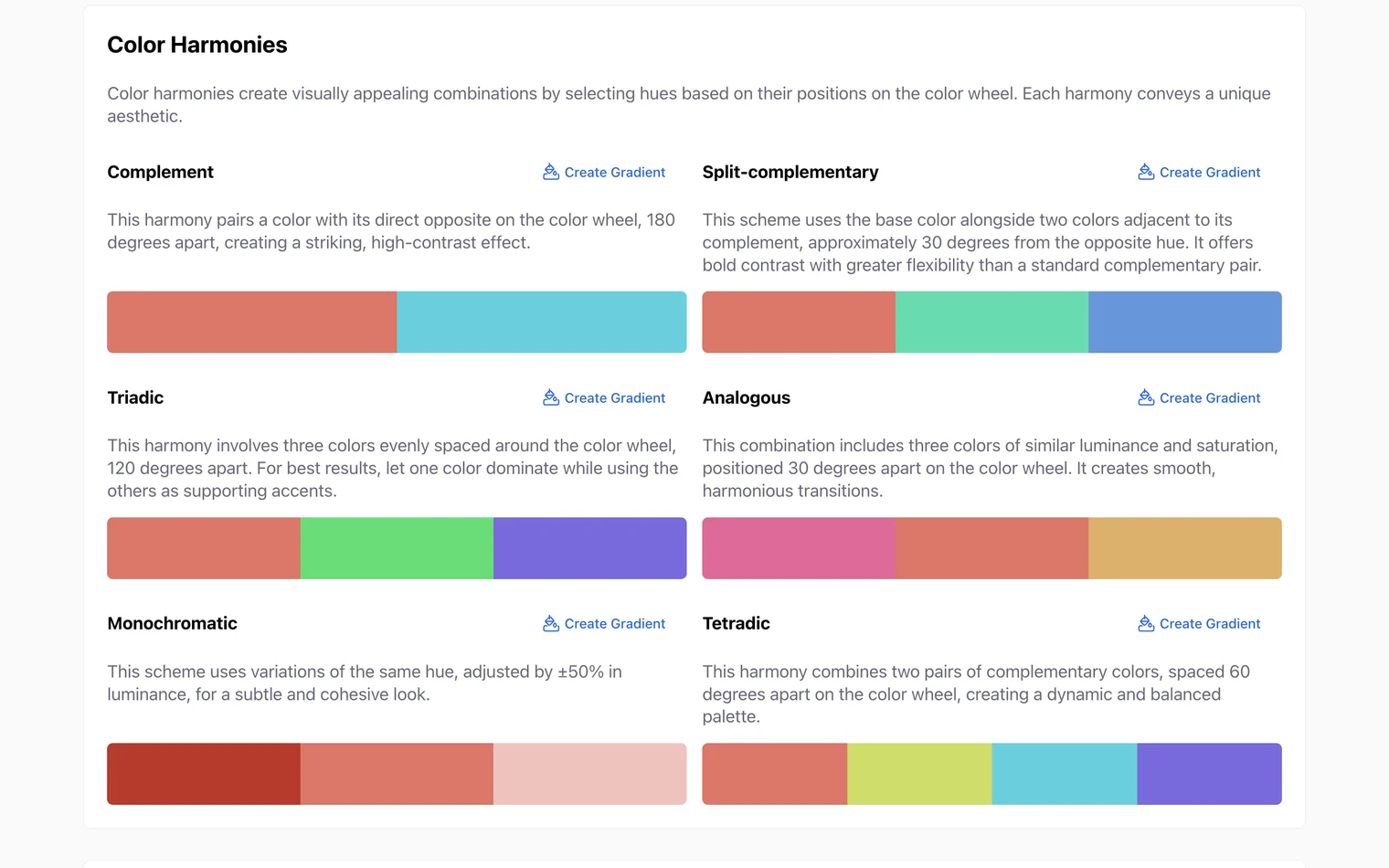 Color harmonies for a picked color on colorspicker.net: complement, split-complementary, triadic, analogous, monochromatic and tetradic