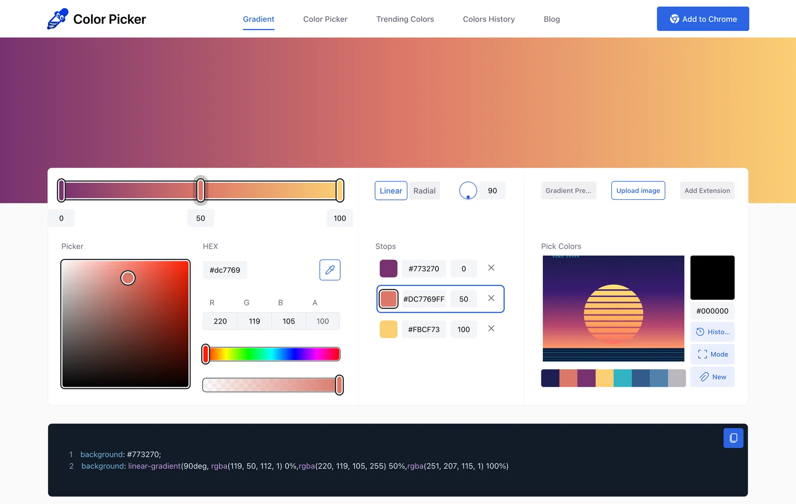 colorspicker.net gradient maker with three stops taken from an album cover palette and the generated CSS linear-gradient code