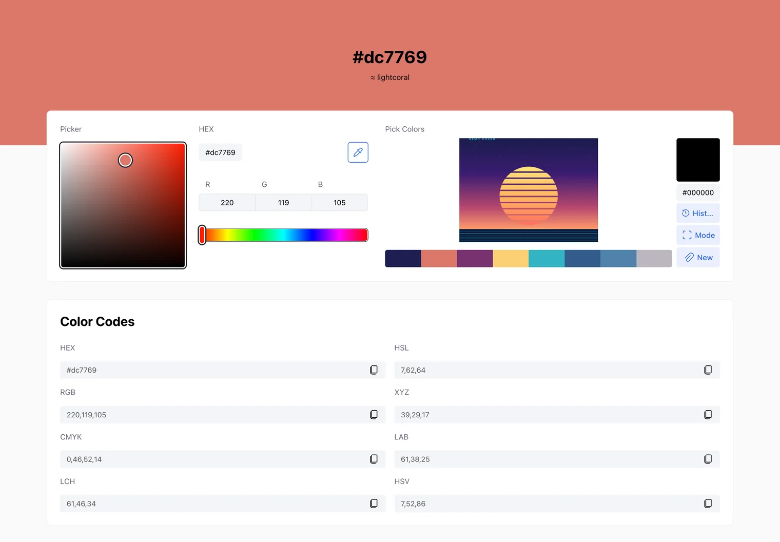 colorspicker.net color page showing a picked color with HEX, RGB, HSL, CMYK, LAB, LCH and HSV codes