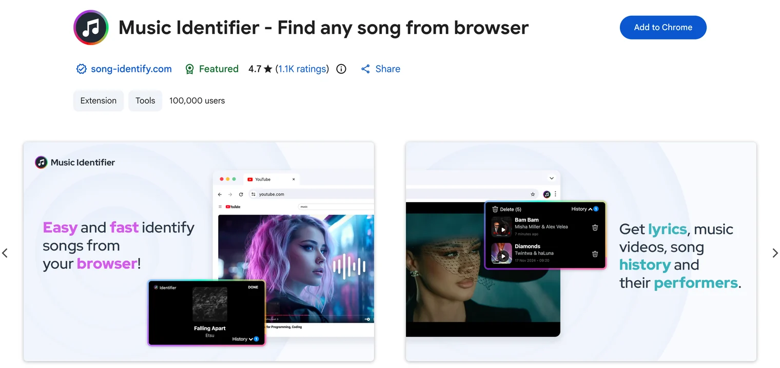 Music Identifier extension on the Chrome Web Store: identify songs playing in your browser and get lyrics, music videos and song history