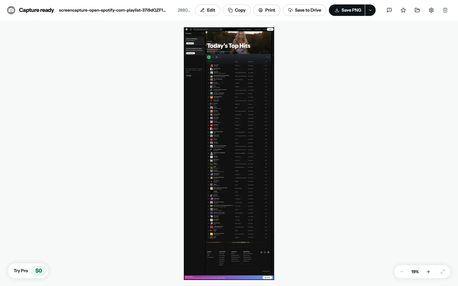 FullPage Capture result tab with the captured Spotify playlist and Edit, Copy, Print and Save PNG buttons