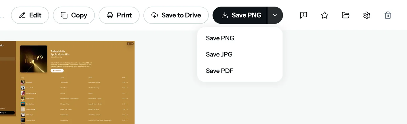 Save menu in FullPage Capture with Save PNG, Save JPG and Save PDF options