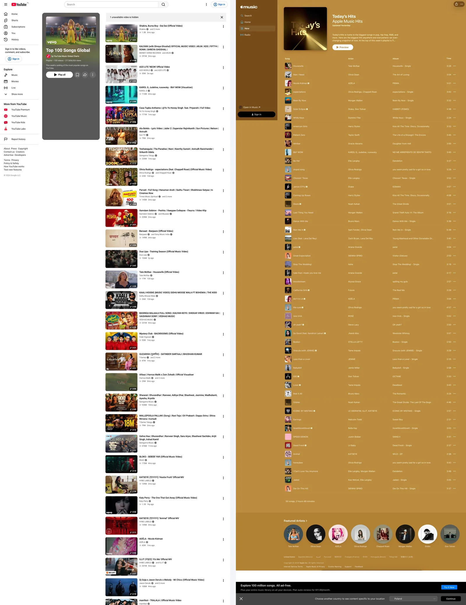 Full page screenshots of a YouTube playlist and an Apple Music playlist captured with FullPage Capture