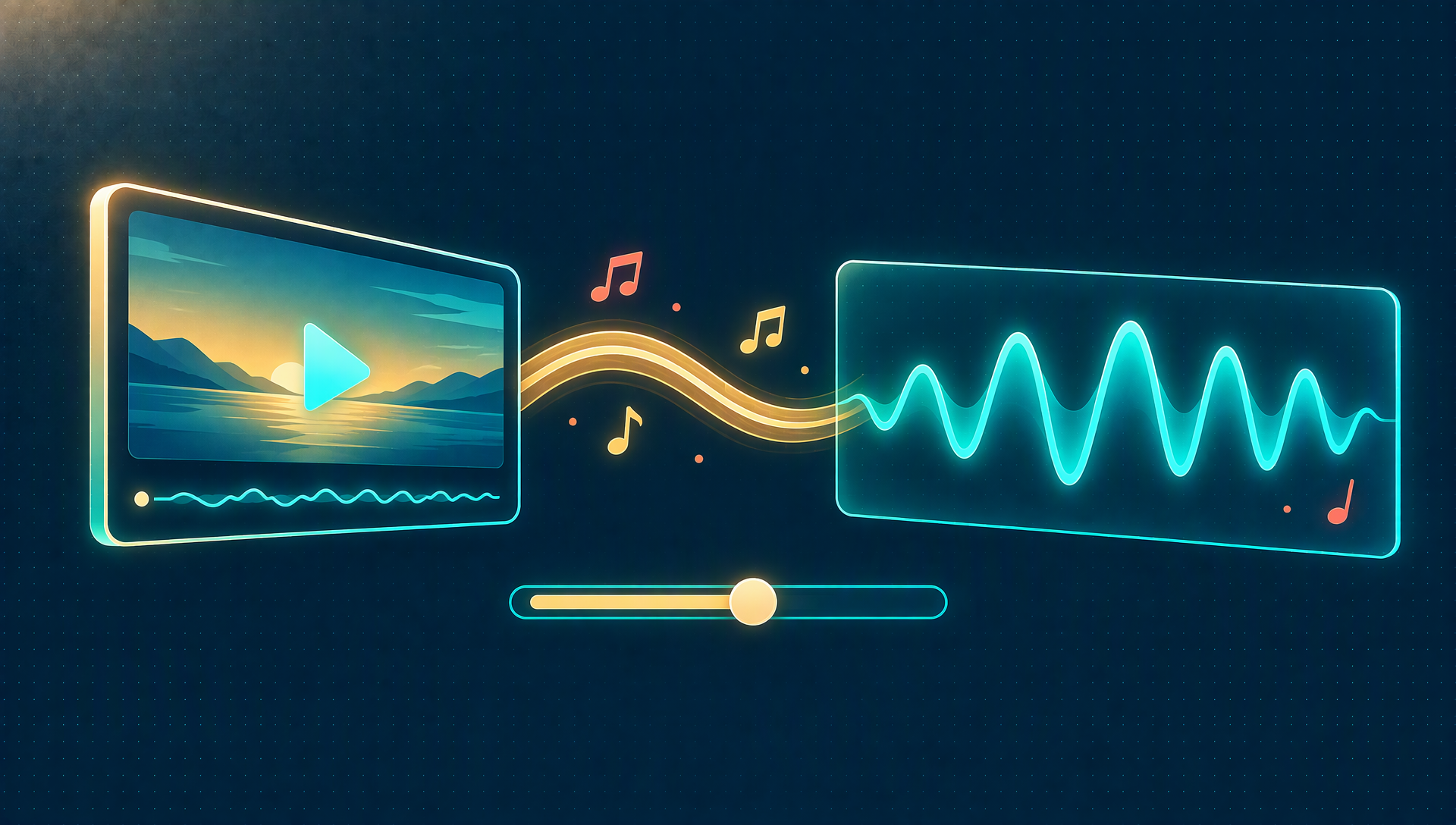 A quiet video clip sends audio into a larger waveform panel above a volume slider