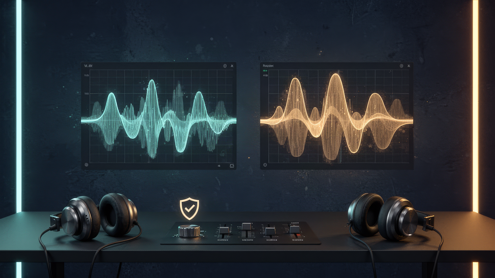 Two audio waveform panels with a modest level increase, volume and equalizer controls, and headphones