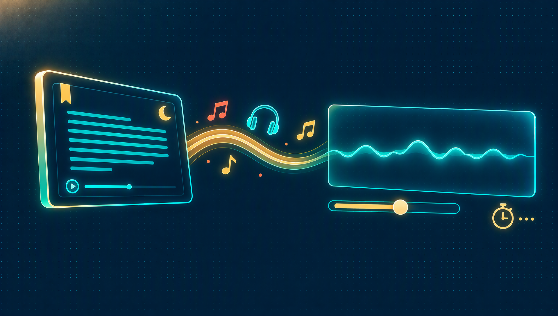 A dark-mode reading page, a found song flowing into a sound wave, and a session timer