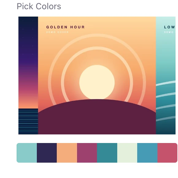 colorspicker.net Pick Colors panel with the uploaded collage and an automatic palette of eight colors taken from all three covers