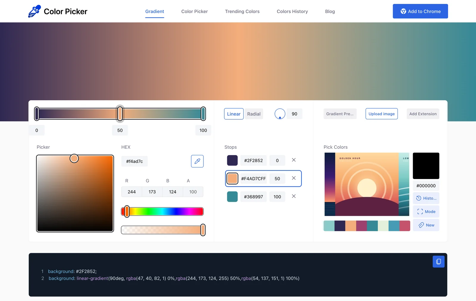 colorspicker.net gradient maker with three stops, one color from each album cover in the playlist, and the generated CSS