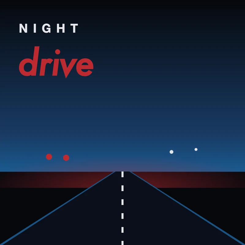 Night drive playlist cover example in #06080c, #193b64, #1b5a90, #bc2a31, #e5e7ec